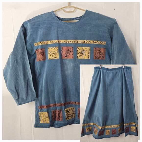 Vintage Denim Outfit 2 Piece Set Large Long Shirt Skirt Jean Blue Fall Leaf Puff - Picture 1 of 16